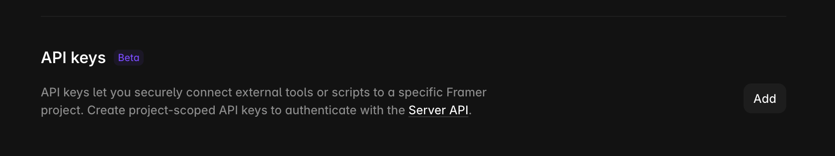 Framer Site Settings General page showing the API keys section with an Add button