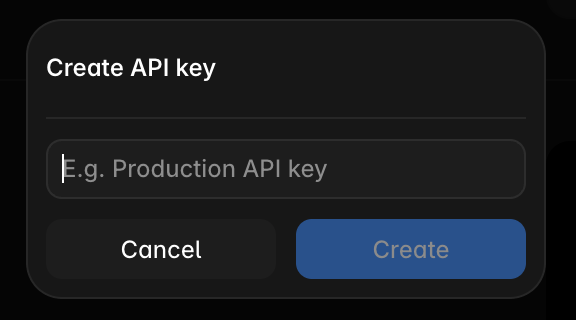 Framer's Create API key dialog with a name field and Create button