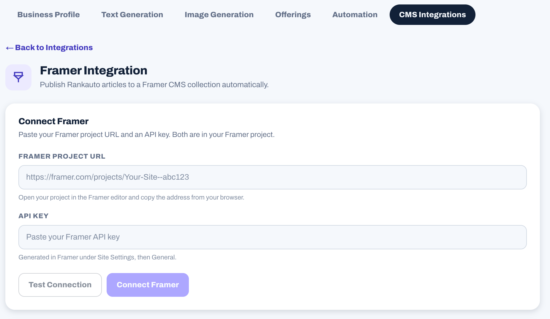 Rankauto's Connect Framer form with a project URL field, an API key field, and Test Connection and Connect Framer buttons