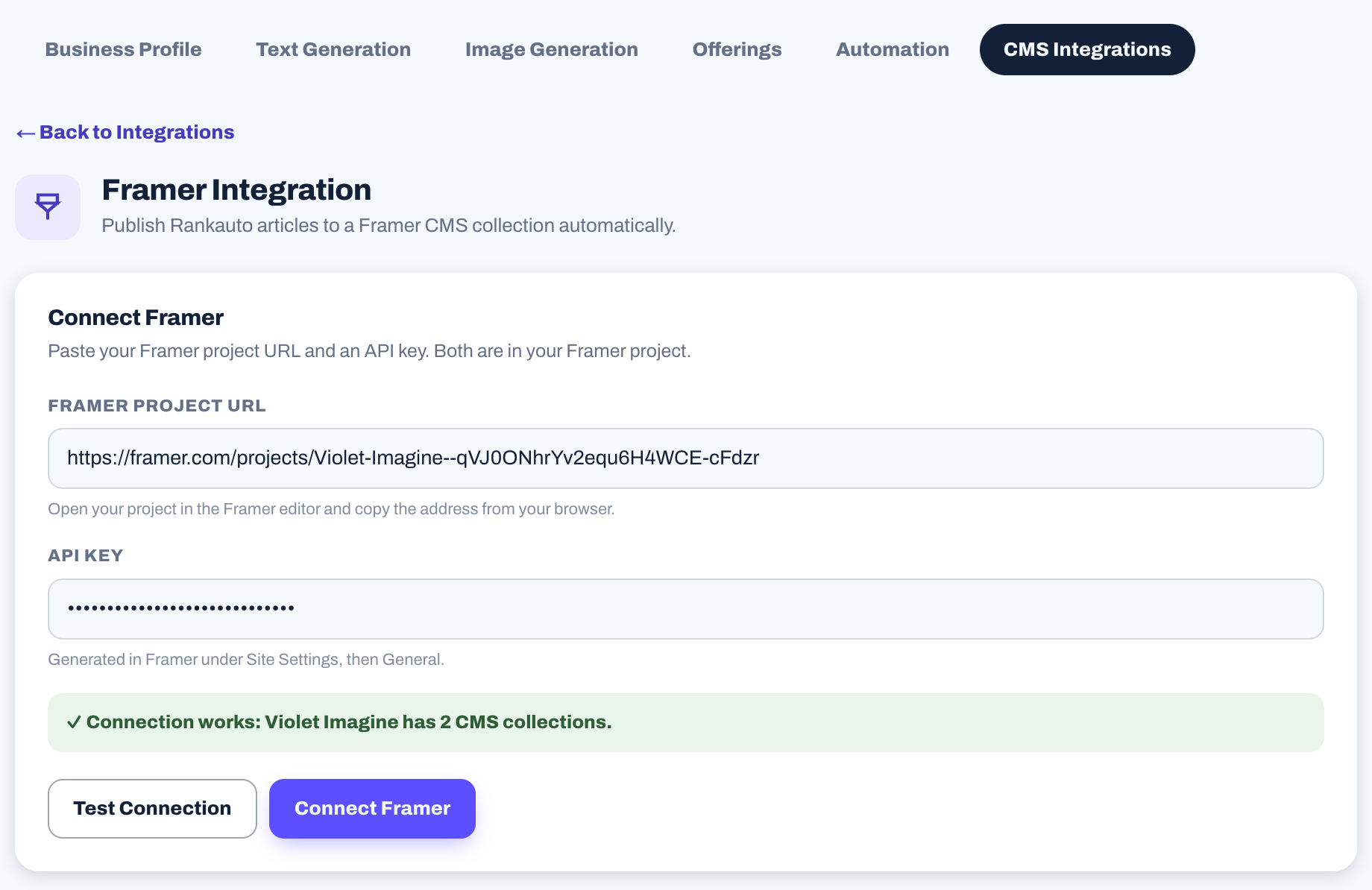 Rankauto showing a green message that the connection works and the Framer project has 2 CMS collections