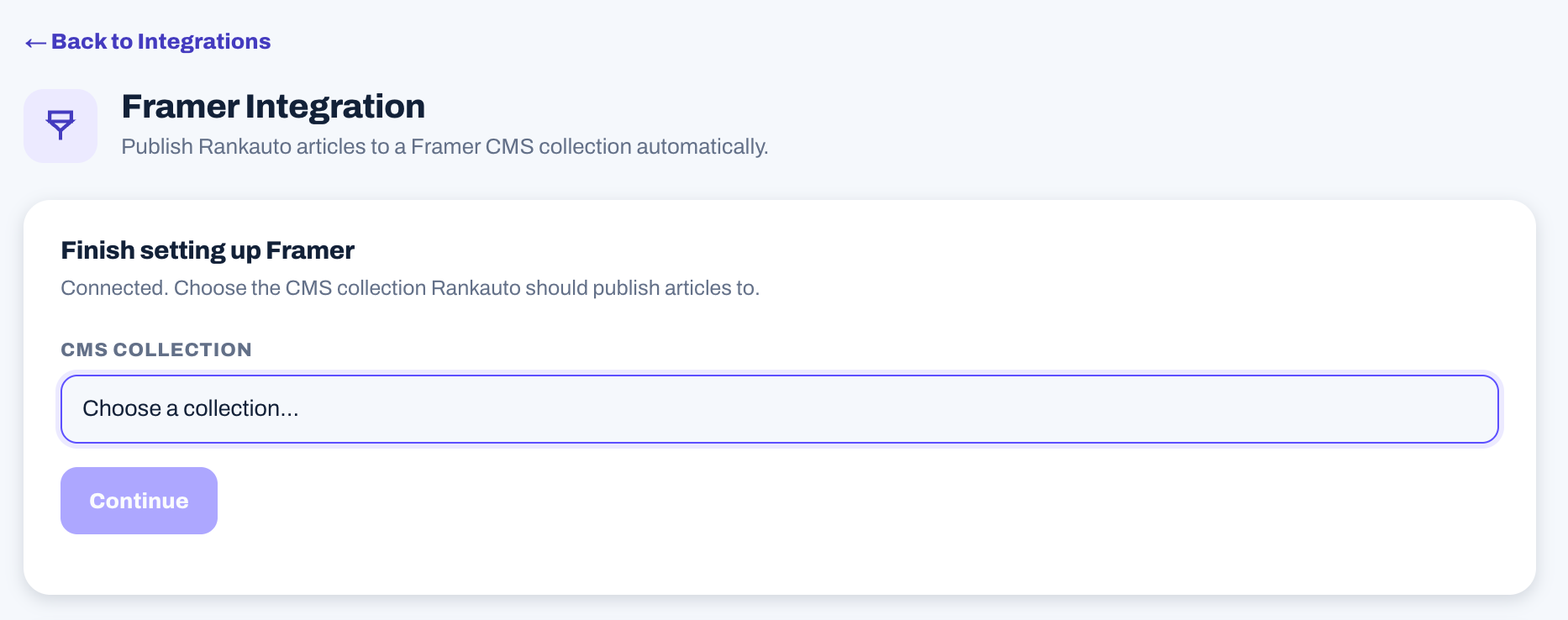 Rankauto's Finish setting up Framer screen with a CMS collection dropdown and Continue button