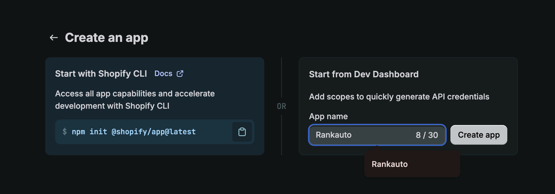 Shopify Dev Dashboard Create app screen with the app name Rankauto entered