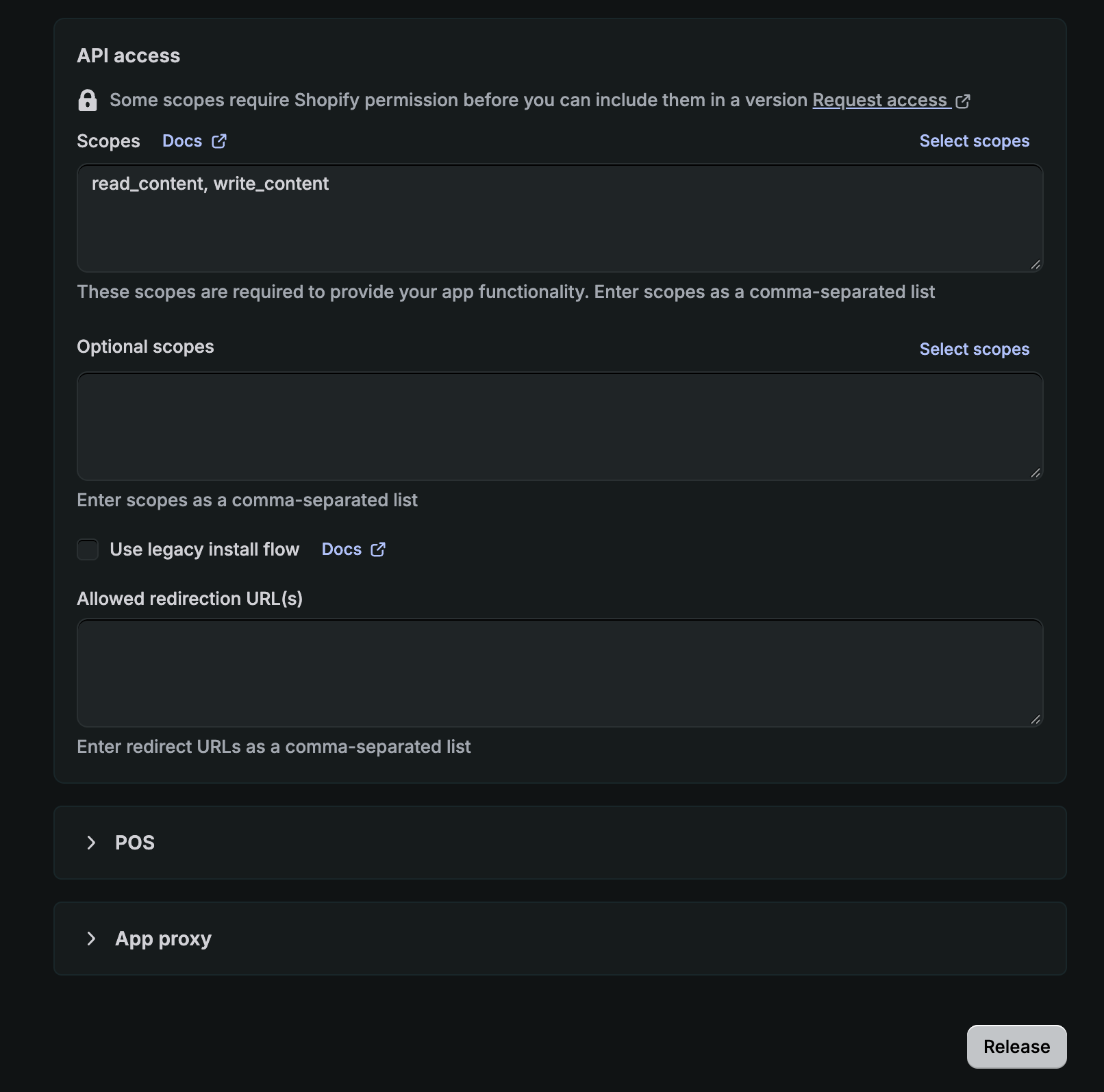 Shopify custom app Versions tab, API access section, showing read_content and write_content scopes