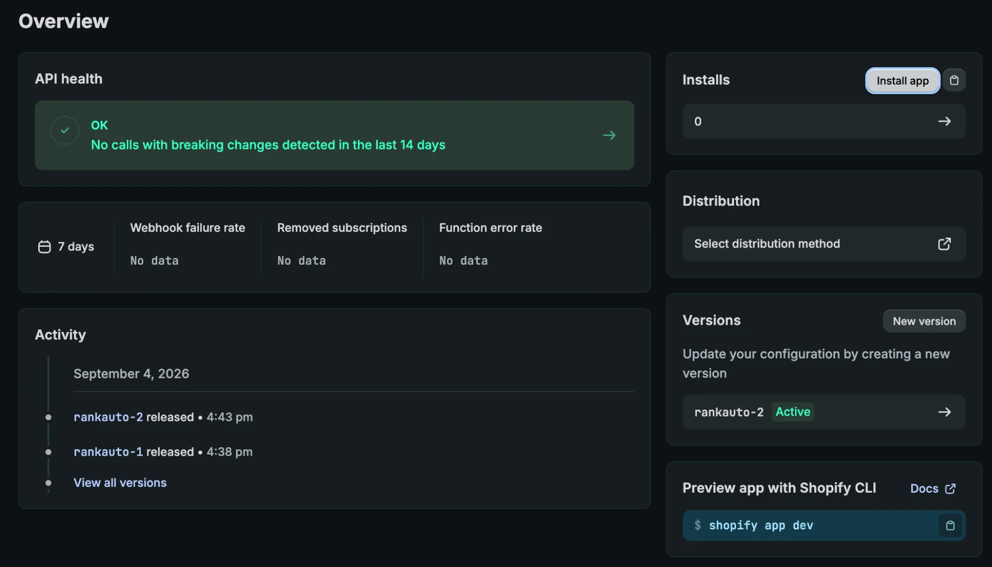 Shopify custom app Overview page with the Install app button under Installs