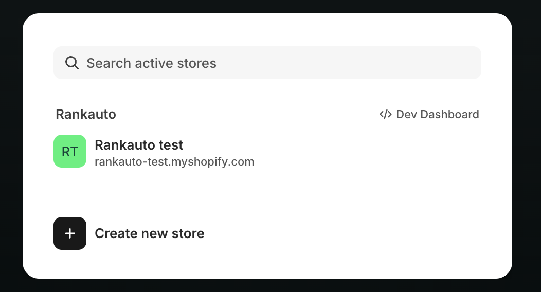 Shopify store picker showing an active store to install the app on