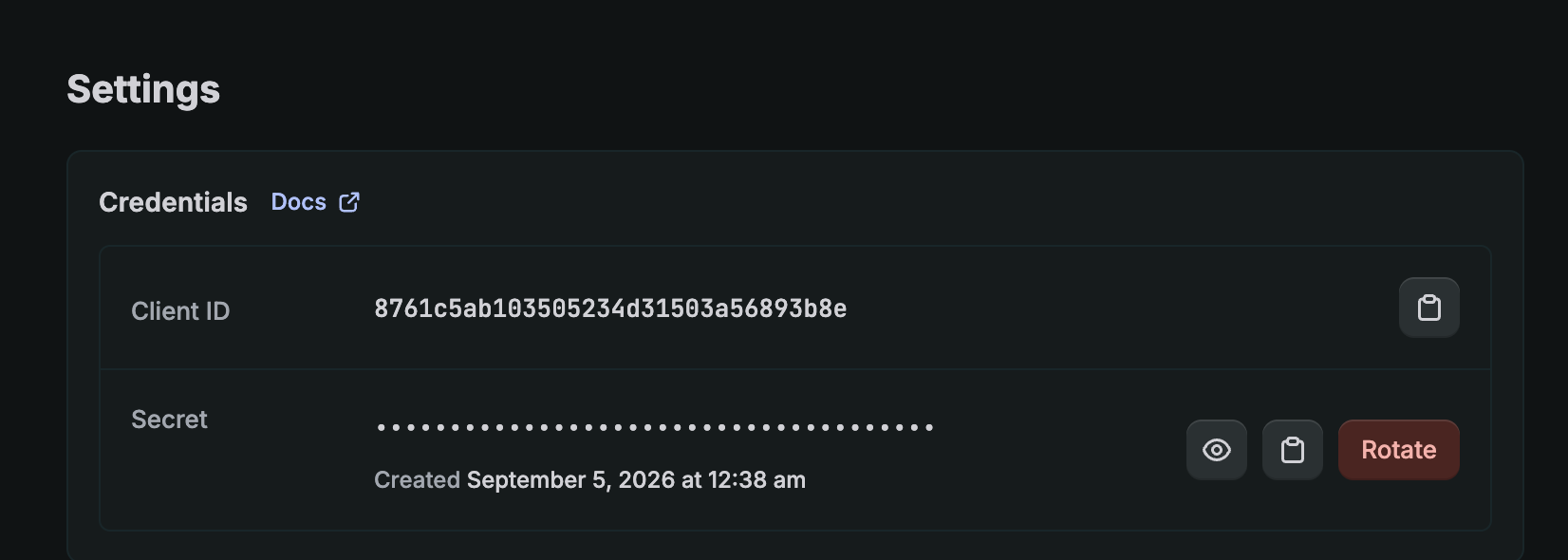 Shopify custom app Settings page showing the Client ID and Secret under Credentials