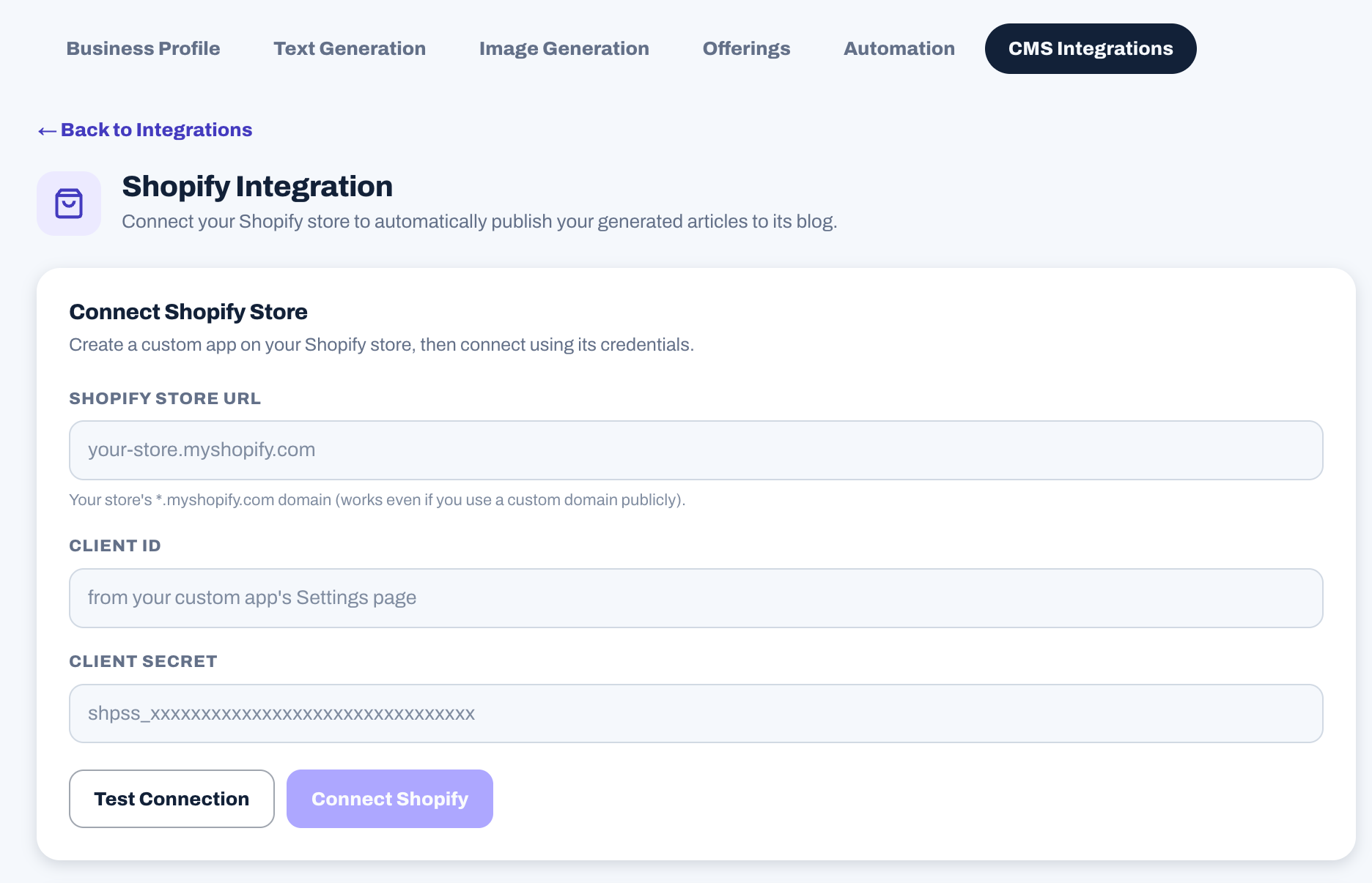 Rankauto's Settings CMS Integrations Shopify page, with the store URL, Client ID, Client Secret fields and Test Connection and Connect Shopify buttons