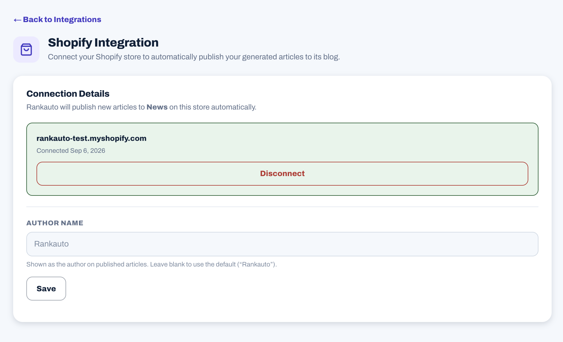 Rankauto's connected Shopify Integration settings page, with the Author name field and Save button below the connection details