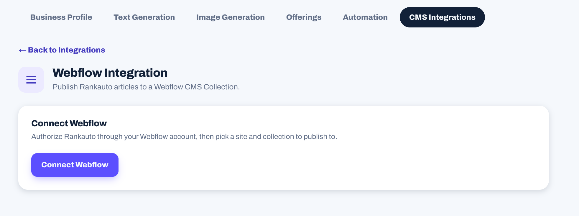 Rankauto's Settings CMS Integrations Webflow page with the Connect Webflow button