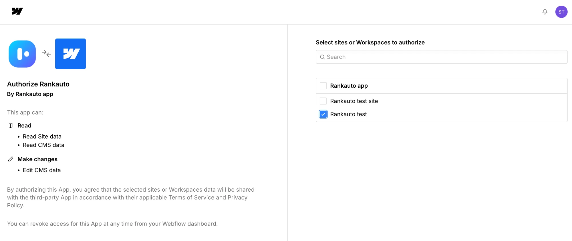 Webflow's own authorization screen showing what Rankauto is requesting access to, with a site selected