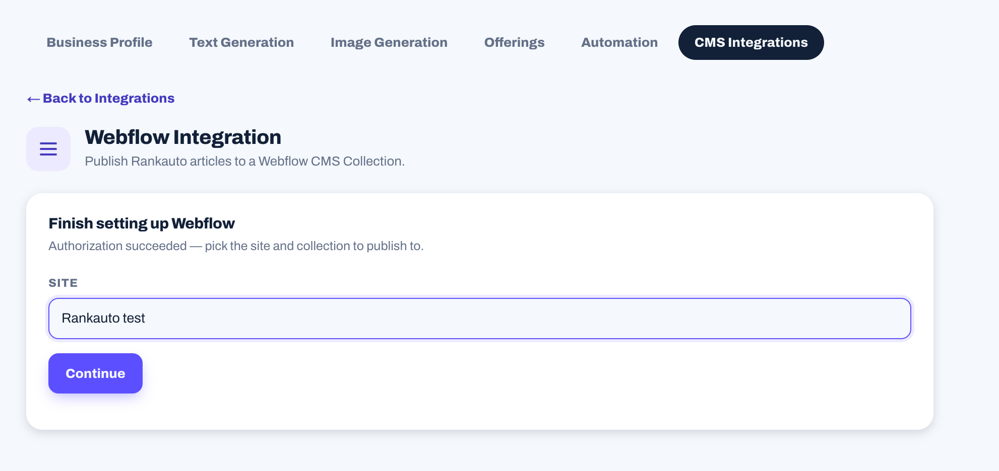 Rankauto's Finish setting up Webflow screen with a Site dropdown