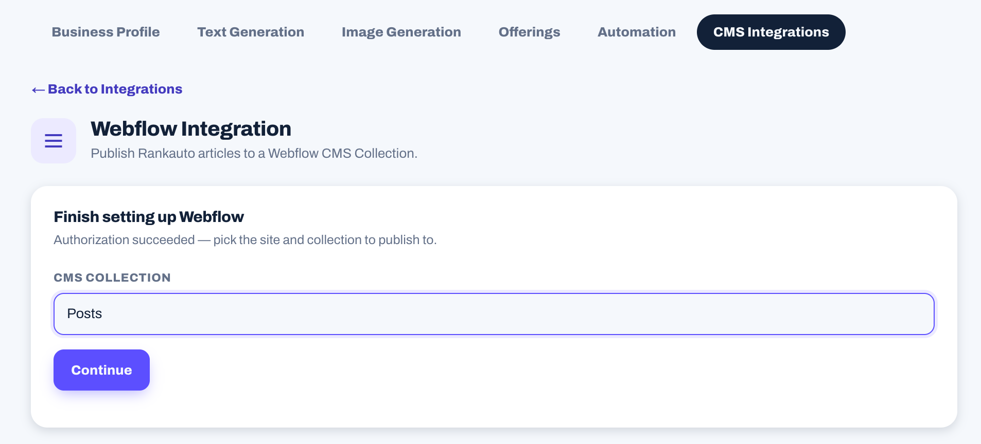 Rankauto's Finish setting up Webflow screen with a CMS Collection dropdown