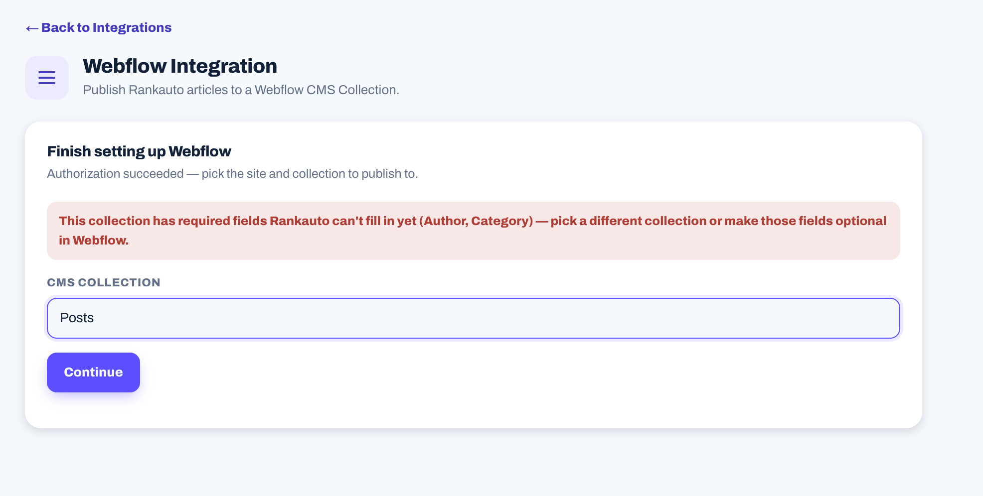 Rankauto blocking setup with a message naming the Collection's required fields it can't fill in