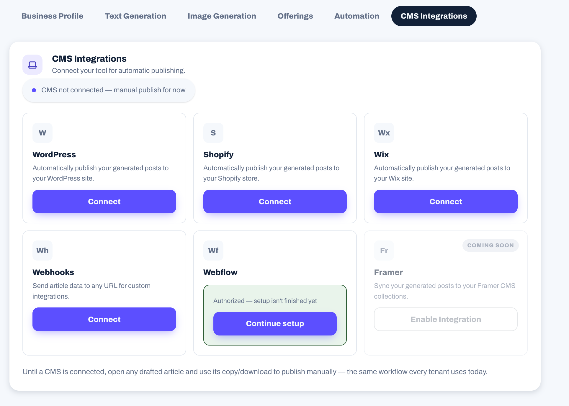 Rankauto's CMS Integrations grid showing Webflow as Authorized, setup isn't finished yet, with a Continue setup button