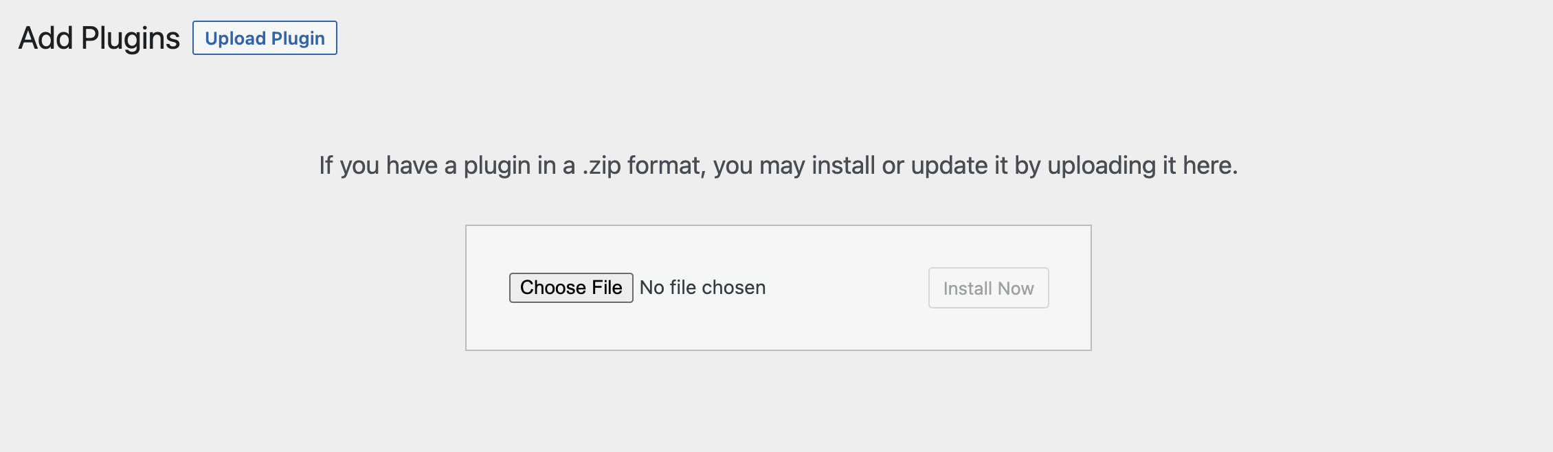 WordPress admin Plugins, Add New, Upload Plugin screen