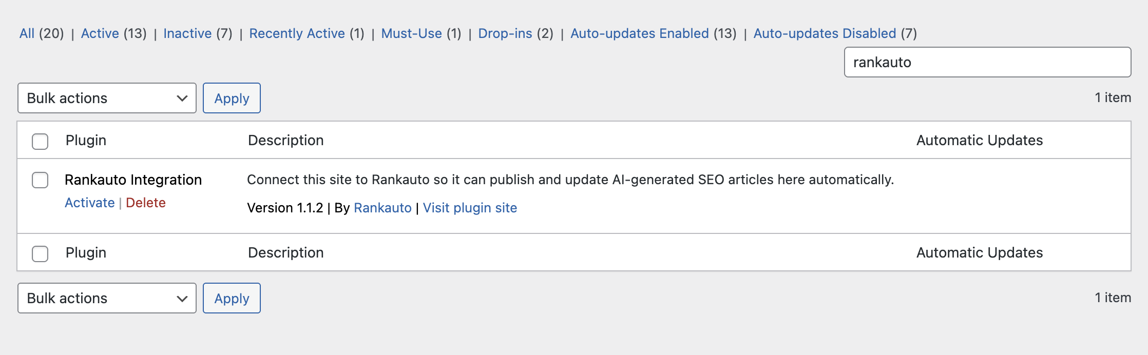 WordPress Plugins list showing Rankauto Integration with the Activate link
