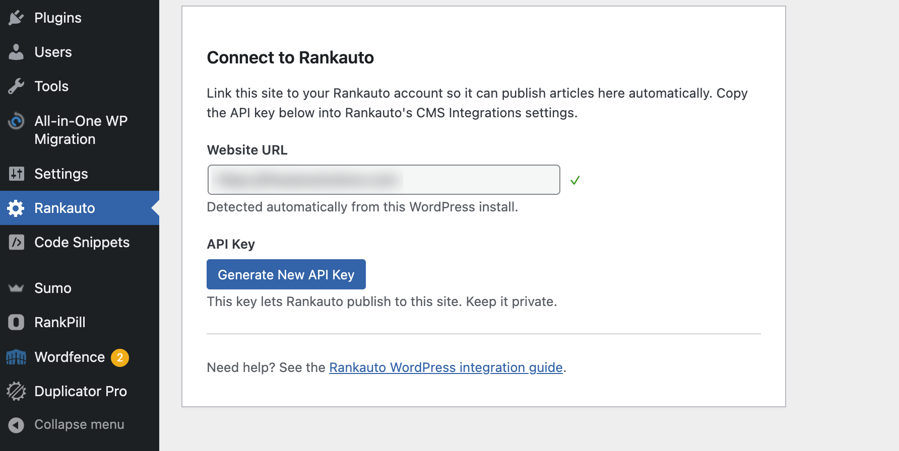 The Rankauto plugin's own settings screen in WordPress admin, showing the Generate New API Key button