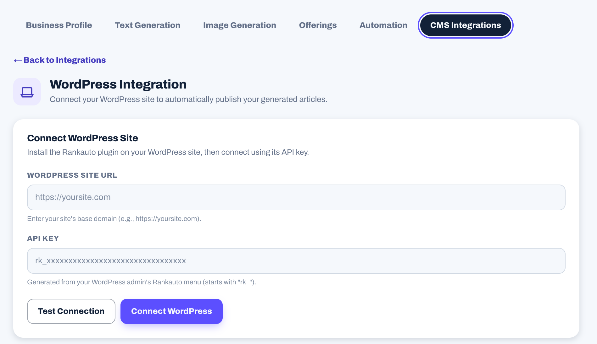 Rankauto's Settings CMS Integrations WordPress page, with the site URL and API key fields to fill in